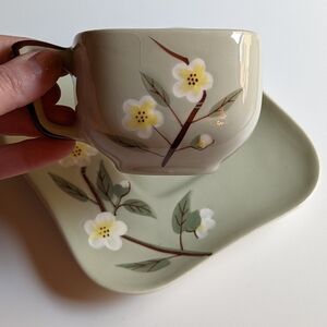 Weil Ware Tea Cup and  Saucer, Celadon Green Malay Blossom Pattern, 1940s